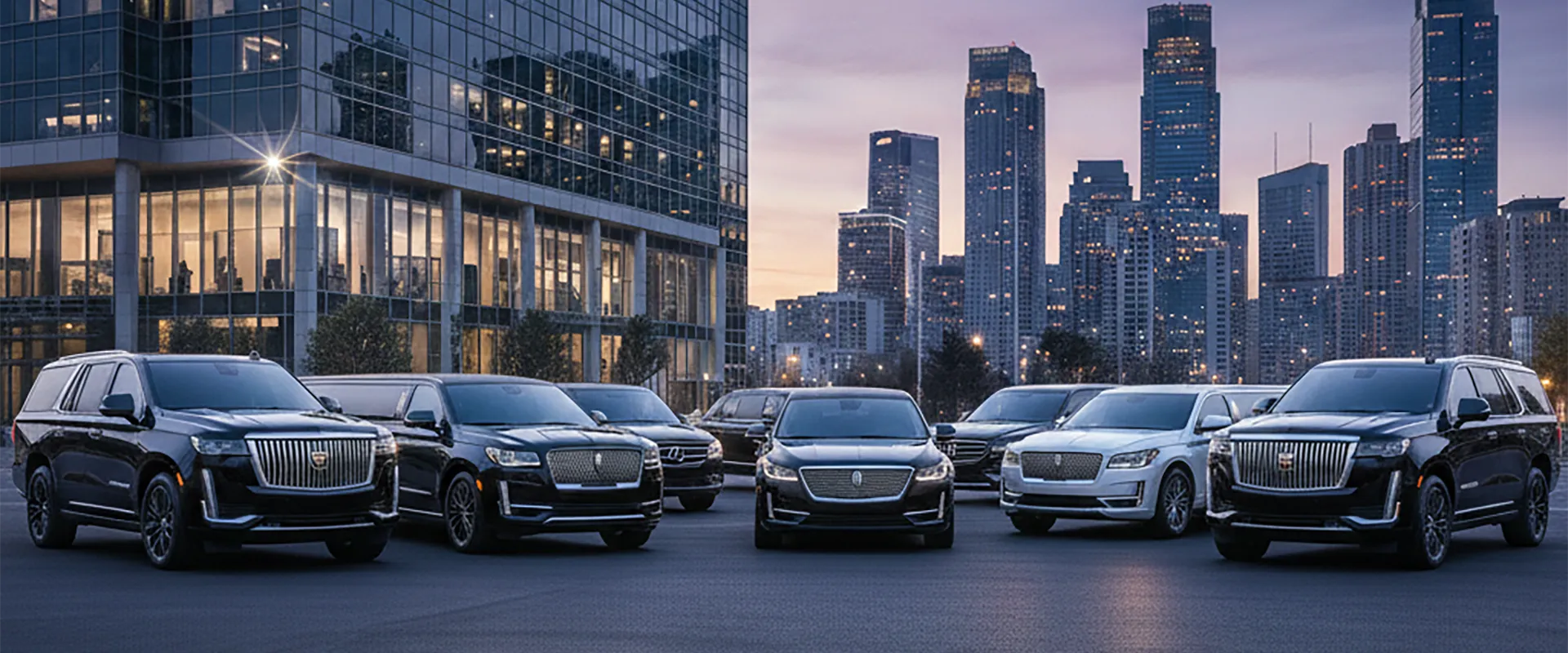 A luxury fleet of 2026 black Cadillac Escalade ESVs and modern black and white stretch limousines parked in front of a city skyline at dusk.